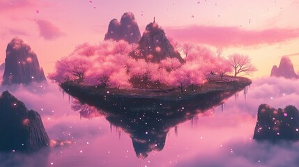 Aufkleber - A floating island covered in glowing cherry blossoms under a pink sky