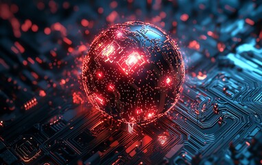Leinwandbilder - Quantum computing with AI for cybersecurity, abstract glowing sphere on circuit board, futuristic data processing, network defense, advanced tech design