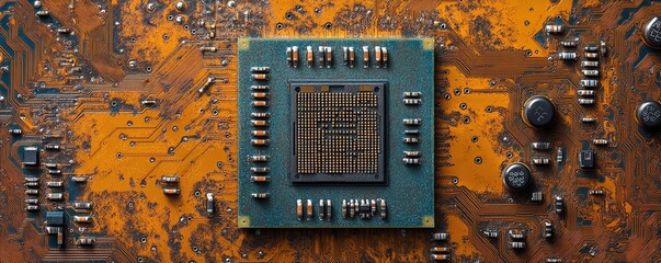 Poster - Closeup integrated circuit microchip on motherboard, electronic component silicon wafer, digital tech CPU, central processor unit, future engineering design