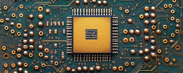 Poster - Closeup integrated circuit microchip on motherboard, electronic component silicon wafer, digital tech CPU, central processor unit, future engineering design