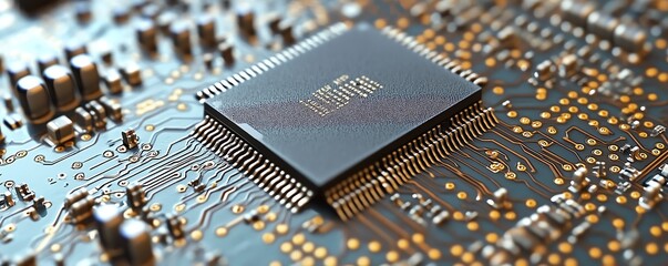 Poster - Closeup integrated circuit microchip on motherboard, electronic component silicon wafer, digital tech CPU, central processor unit, future engineering design