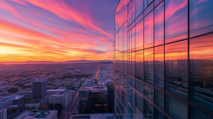 Poster - A futuristic glass skyscraper reflecting the vibrant hues of a sunset