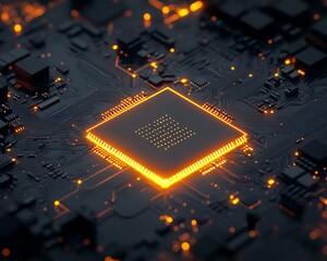 Poster - Closeup integrated circuit microchip on motherboard, electronic component silicon wafer, digital tech CPU, central processor unit, future engineering design