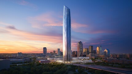 Poster - A futuristic glass skyscraper reflecting the vibrant hues of a sunset