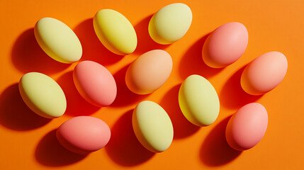 Fototapete - Pastel-colored eggs arranged on orange background, creating a festive and cheerful composition, showcasing spring or Easter theme