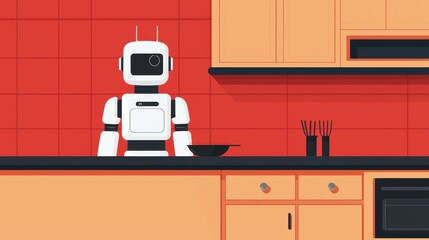 Poster - A modern kitchen features a friendly robot standing by the counter, surrounded by utensils against a vibrant red wall.