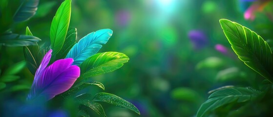 Wall Mural - Vivid feathers among lush green foliage, softly illuminated by a bright glow, creating a dreamy scene