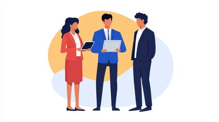 Poster - Three professionals collaborate, discussing data on tablets, showcasing teamwork and modern business attire in a vibrant, illustrated style.