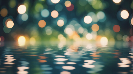 Leinwandbilder - Beautiful blurred sparkling colorful bokeh lights reflected in water, creating a dreamy, magical, abstract night scene.