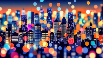 Poster - Vibrant city skyline glows at twilight, buildings silhouetted against a colorful bokeh background.  Night lights create a dreamy, urban atmosphere.