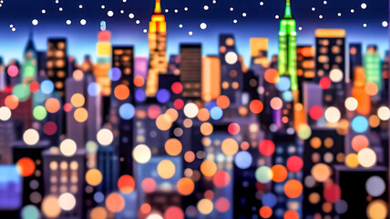 Aufkleber - A vibrant night cityscape with blurred city lights creating bokeh. Skyscrapers rise against a dark blue night sky sprinkled with white dots.