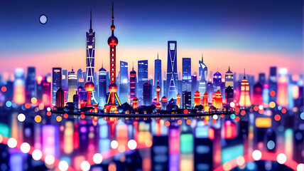 Poster - Vibrant city skyline at night illuminated with bright colorful lights. Water reflects the glowing buildings, creating a mirrored effect in the dark evening.