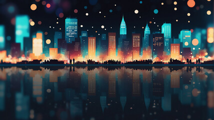 Poster - City skyline glows at night with colorful lights and bokeh, reflected in dark water. The urban scene presents a vibrant and abstract cityscape.