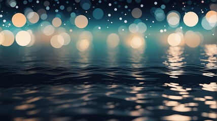 Fototapete - Blurred lights create a dreamy bokeh effect above dark water. Soft, glowing orbs reflect on the rippling surface, evoking a serene and tranquil atmosphere.