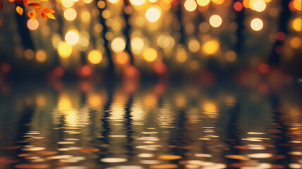 Leinwandbilder - Dreamy, blurred backdrop of warm bokeh lights resembling a forest or trees reflected in water, creating a magical and serene atmosphere.