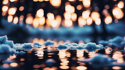 Poster - Dreamy winter scene with bokeh lights reflecting on water. Ice and snow float, creating a blurry, magical atmosphere. Warm orange and cool blue tones blend beautifully.