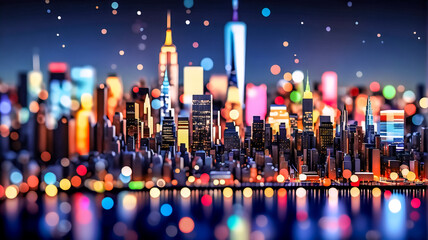 Poster - A vibrant cityscape shines at night, buildings illuminated with colorful lights against a dark sky. Bokeh effect creates a dreamy and abstract urban scene.