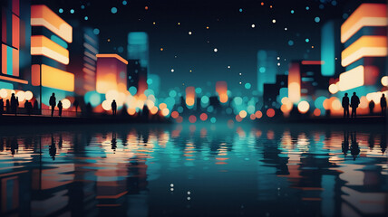 Aufkleber - City night scene with blurred lights reflecting on water. Silhouettes of people walk along the waterfront with a vibrant cityscape backdrop under a dark sky.