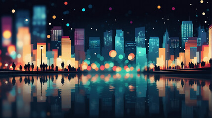 Aufkleber - Vibrant night cityscape with bokeh lights reflecting on the calm water surface. Silhouettes of people can be seen along the waterfront adding depth to the urban scene.