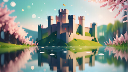 Poster - A fairytale castle on a verdant hill reflects in the still water, framed by delicate pink cherry blossoms under a clear, bright sky.