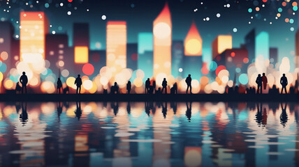 Aufkleber - Night cityscape view with bokeh lights reflecting on the water as silhouettes of people stroll along the waterfront in the evening.