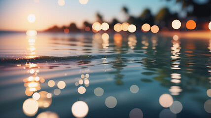 Leinwandbilder - Blurred lights reflect on the water's gentle surface during a serene sunset. The scene evokes a calm and peaceful evening at the coast with soft, golden light.