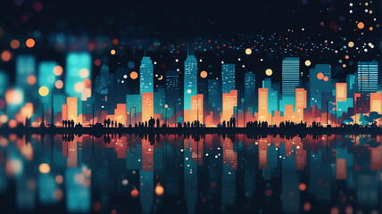 Aufkleber - Vibrant city skyline at night with colorful illuminated buildings reflecting on water. Bokeh lights add a dreamy, abstract touch to the urban scene.