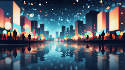 Poster - City skyline at night with glowing lights reflected on water. Silhouettes of people in foreground create a vibrant urban scene.