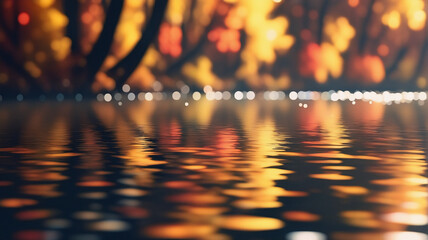 Leinwandbilder - Blurred autumnal forest scene reflecting on water surface.  Golden, orange, and brown foliage creates a warm, tranquil ambiance with bokeh lights.