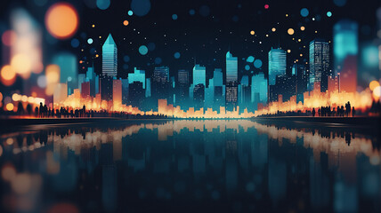 Poster - Night city skyline with illuminated buildings reflecting in water. Abstract style with bokeh lights creates a vibrant, dreamy urban scene.
