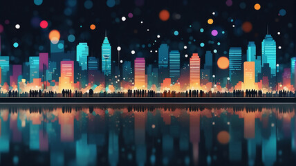 Aufkleber - A vibrant cityscape at night is reflected in calm water. Bokeh lights illuminate the skyline and colorful buildings creating a dazzling urban panorama.