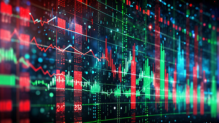 Fototapete - Brightly colored lines of green and red graphs fluctuate against a dark background. Data visualization of market trends, possibly stock or financial analysis, is displayed.