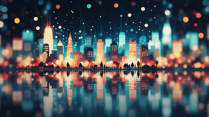 Aufkleber - Night cityscape glows with warm lights reflecting on water. Silhouettes of buildings and people stand against a bokeh background, creating a vibrant urban scene.