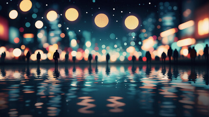 Poster - Blurred night city lights reflect on a wet street as silhouetted figures walk through the dreamy urban scene.