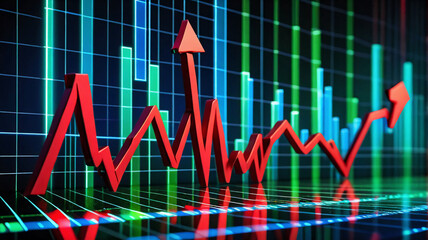 Poster - Red arrow sharply rises on a vibrant graph with blue and green bars, indicating significant upward trend.  A visual representation of growth and positive financial progress.
