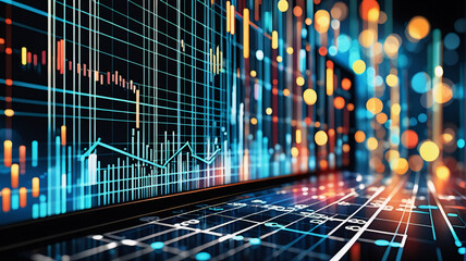 Poster - Abstract digital data visualization with grid lines and graph in blue and orange hues. Futuristic technology display.