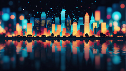 Poster - Vibrant city skyline at night, blurred lights create bokeh effect, reflected in calm water. Buildings glow with warm and cool tones against a dark backdrop.