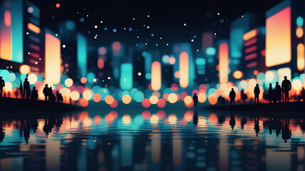 Poster - Night city skyline with blurred colorful lights creating a bokeh effect, silhouettes of people are visible against the vibrant cityscape reflected in the water.