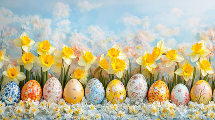 Fototapete - Easter eggs decorated with floral patterns rest amidst daffodils against a pastel blue sky background, showcasing a springtime scene of renewal and celebration