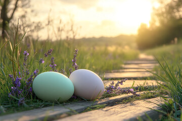 Poster - Two pastel-colored eggs rest in grass near lavender, bathed in warm sunlight on a wooden path, symbolizing spring, new life, and natural beauty