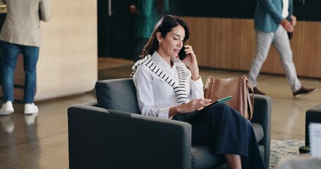 Aufkleber - Business, phone call and tablet with woman on chair in office for communication or planning. Conversation, lobby and research with happy mature employee in workplace for negotiation or update