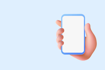 Poster - 3D hand holding blank smartphone screen. A modern digital illustration featuring a stylized hand gripping a mobile device with an empty display, ideal for app mockups and UI design.