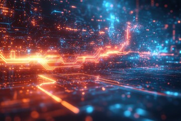 Fototapete - Abstract digital landscape with glowing lines and vibrant colors in a futuristic setting