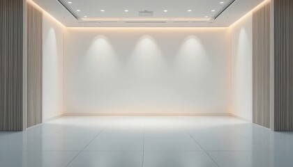 Poster - Modern minimalist exhibition space gallery setting interior design showcase bright and open environment wide-angle view aesthetic appeal