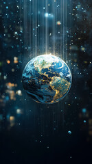 Poster - Earth illuminated with city lights in cosmic space setting. Colorful background with particles creates a futuristic atmosphere. Concept of technology, environmental awareness, space exploration