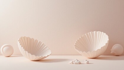 Poster - Artistic display of shell-shaped objects on soft textured background minimalist aesthetic studio setting contemporary design concept