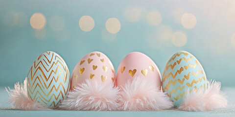 Fototapete - Four pastel Easter eggs, adorned with gold zigzags and hearts, rest on pink feathers against a bokeh background, symbolizing spring, celebration, and festive cheer