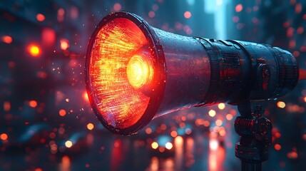Poster - futuristic megaphone projecting holographic soundwaves into a vibrant urban cityscape