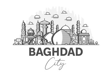 Wall Mural - Baghdad, Iraq architecture line skyline illustration with shadows. Linear vector cityscape with famous landmarks, city sights, design icons.
