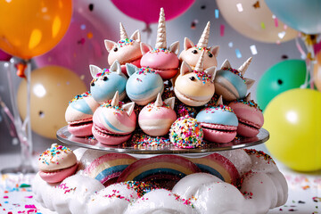 Poster - A whimsical dessert display features unicorn macarons stacked on a tiered stand, surrounded by colorful balloons, perfect for a festive celebration.